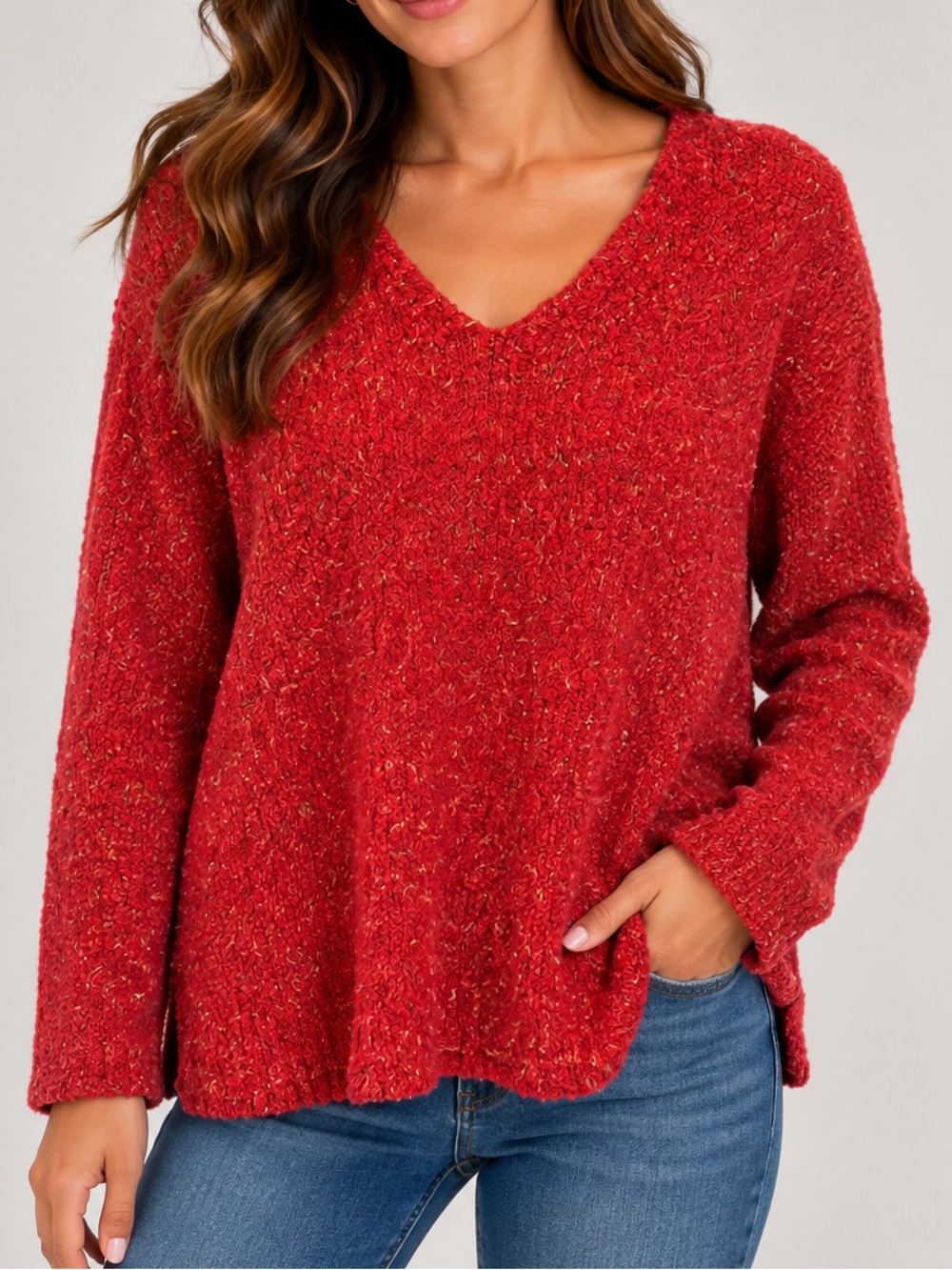 Coldwater Creek Red V-Neck Bouclé Sweater